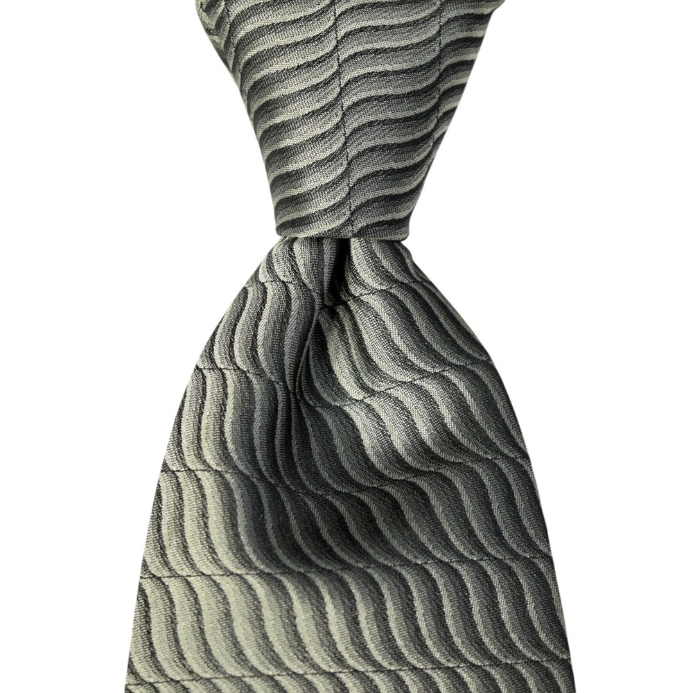 DKNY Greenish Gray & Black Monochrome Wave Print 100% Silk Necktie - 56.5x3.75